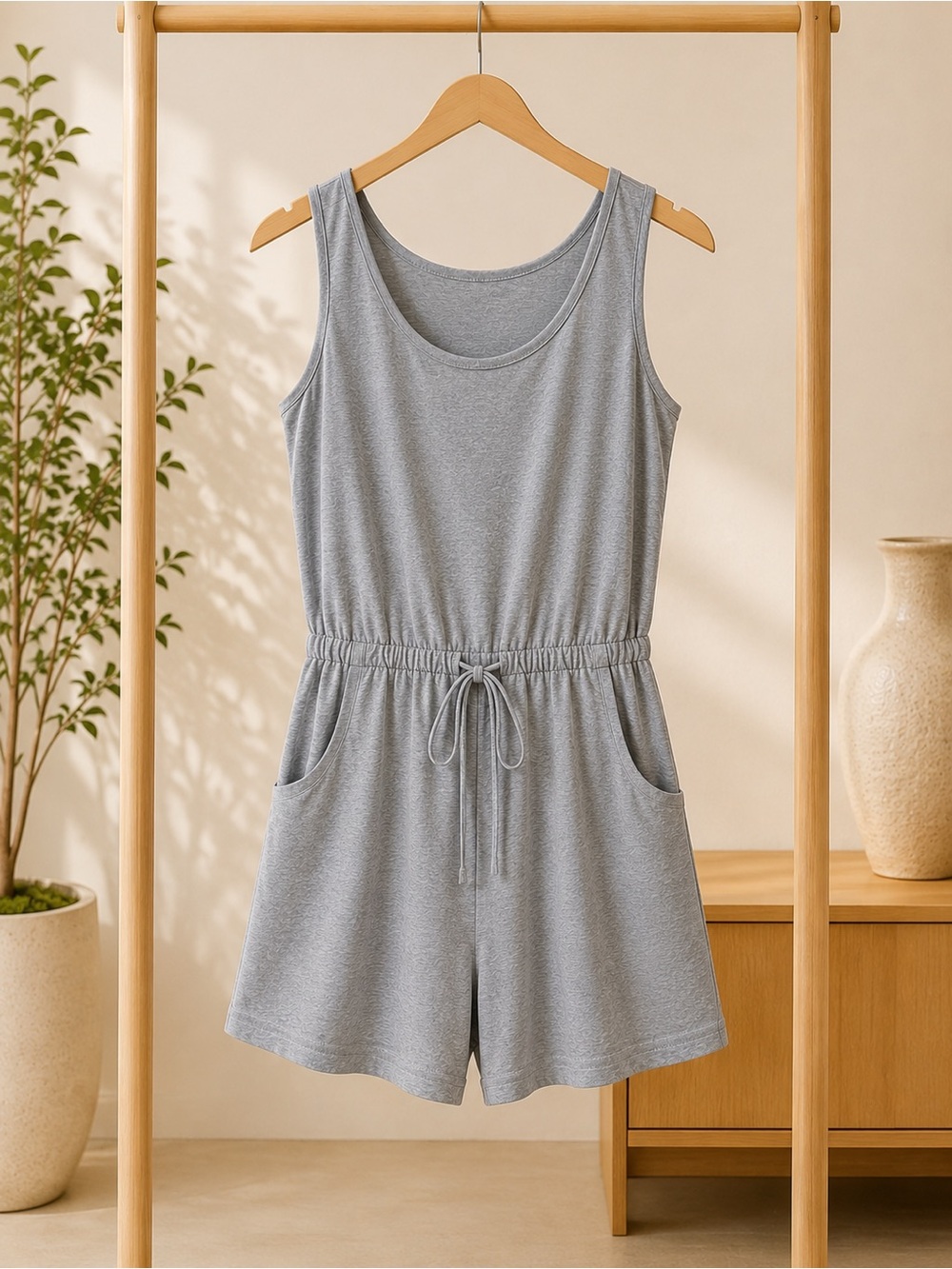 Sleeveless Heather Gray Drawstring Romper